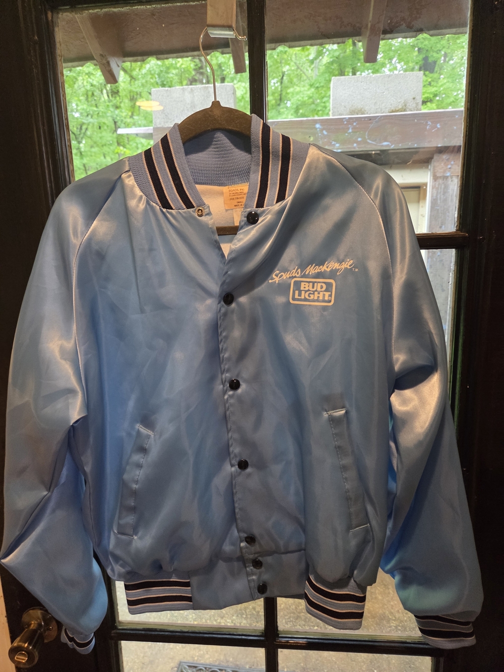 Vintage Bud Light Light Blue Satin Jacket with Striped Trim